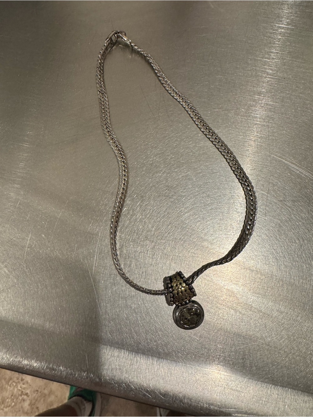 Silver-Tone With Gold Women's Pendant Necklace with Textured Bead.